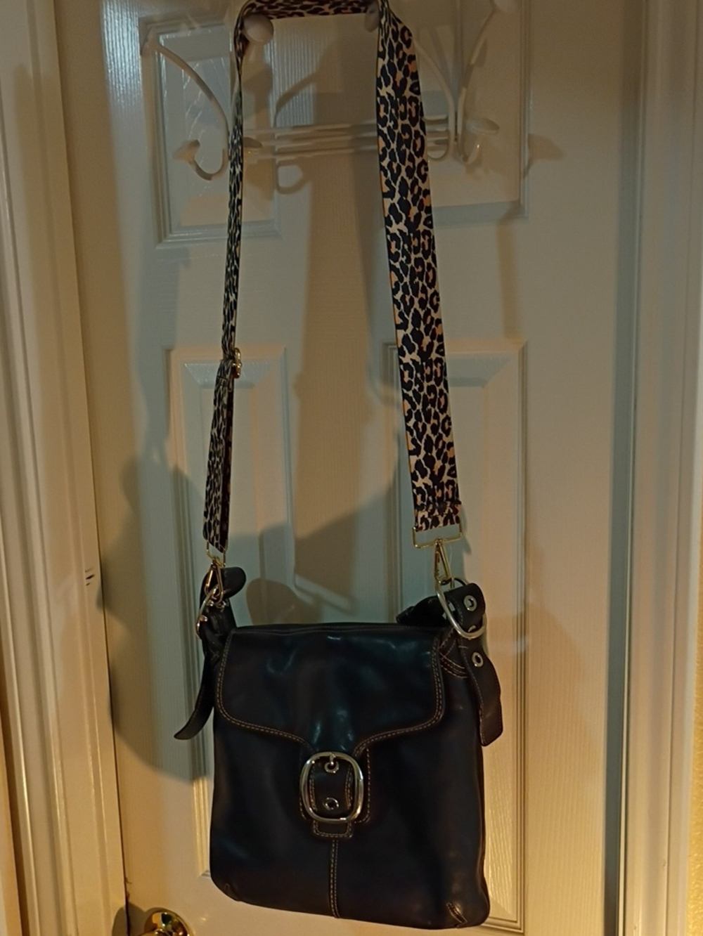 Coach Leather Crossbody Bag with Leopard Strap - Black